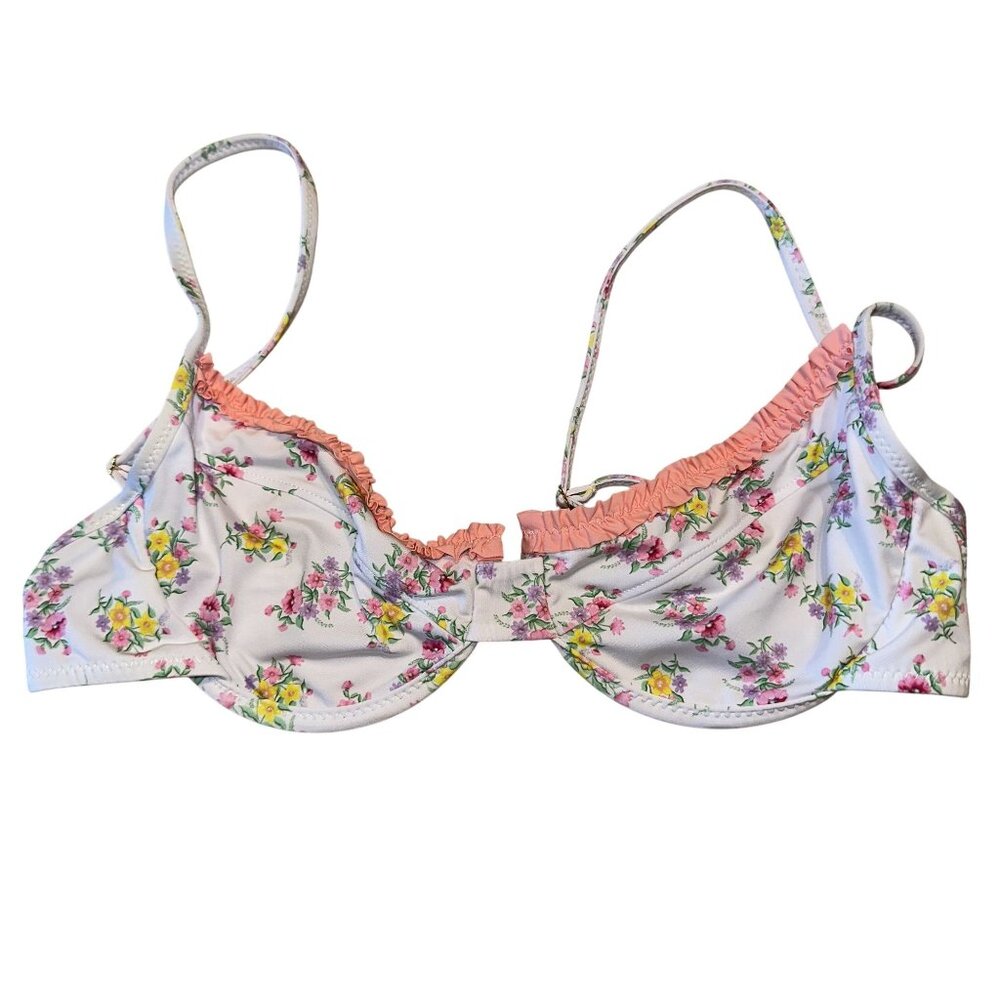 Heavy Manners Pink Floral Ruffle Bikini Top